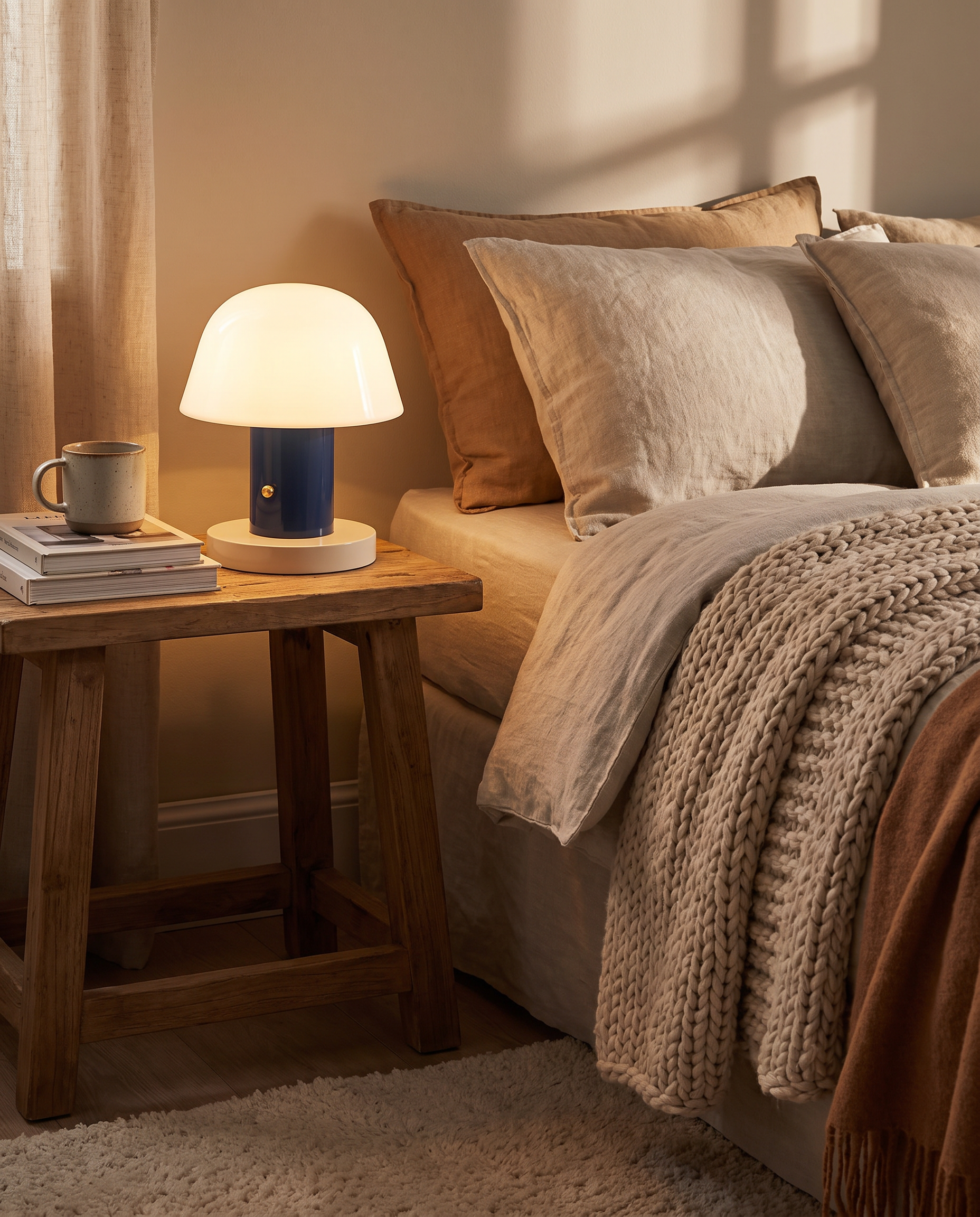 Mushroom rechargeable LED table lamp styled on a nightstand