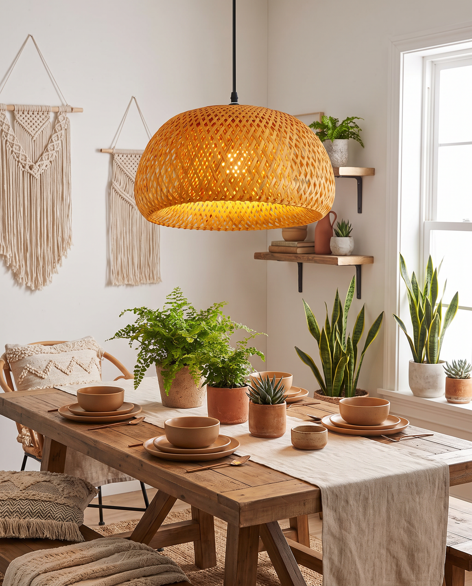 Handwoven bamboo pendant lamp styled above a boho dining table
