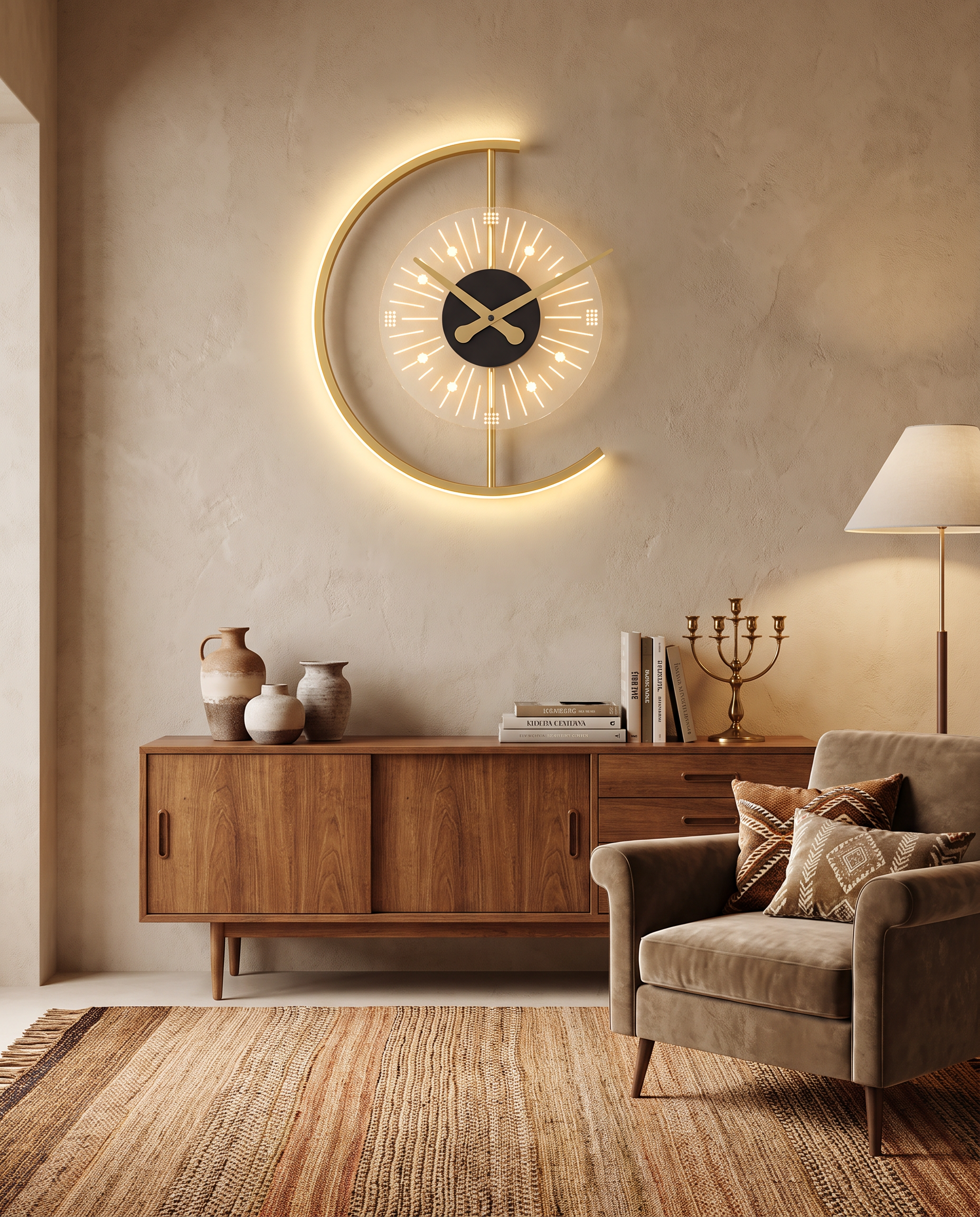 Lunaris post-modern wall lamp clock styled on a living room wall