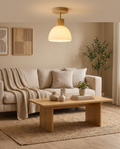 Ailse wood and glass LED ceiling lamp styled in a Nordic living room