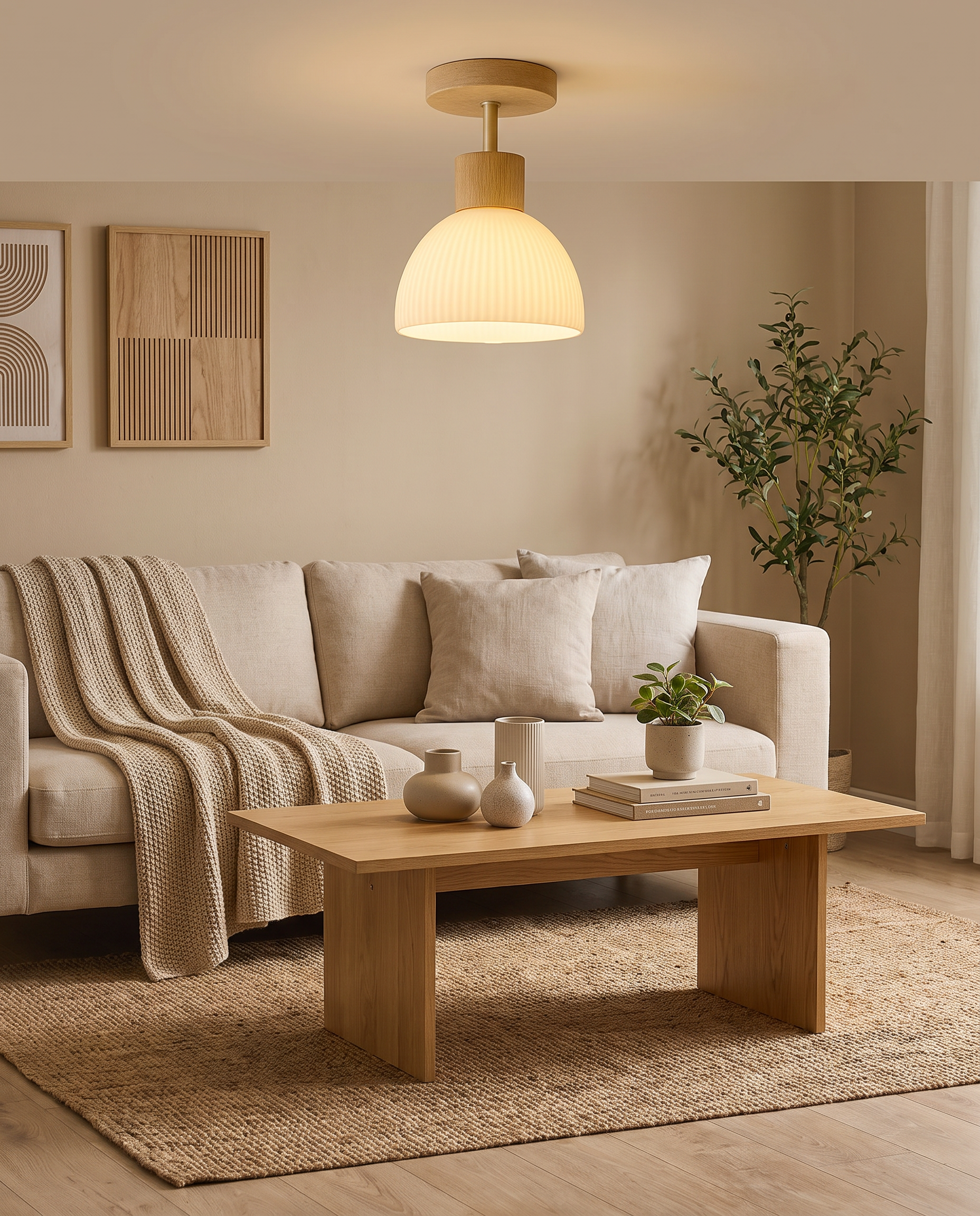 Ailse wood and glass LED ceiling lamp styled in a Nordic living room