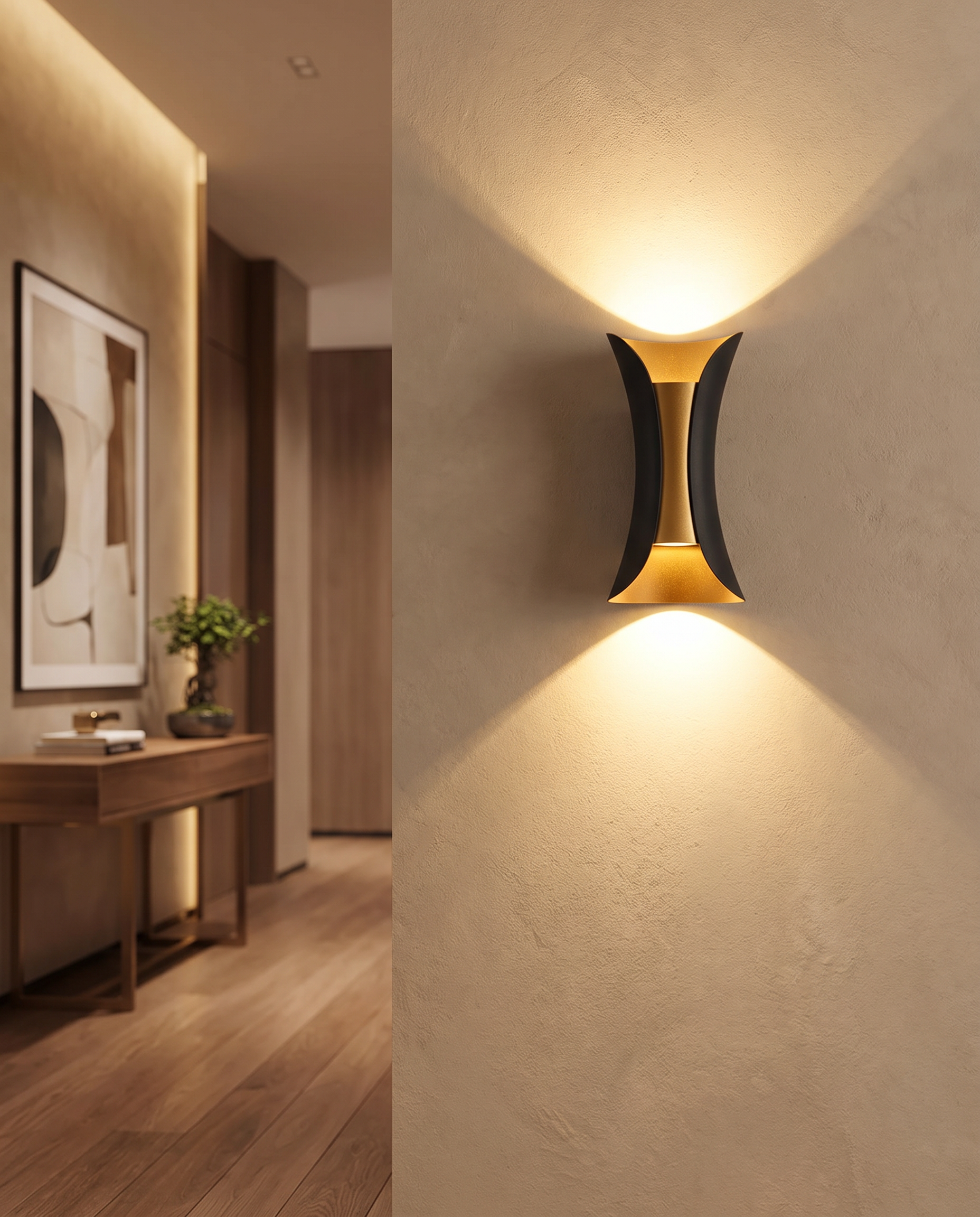 Black and gold up-down LED wall light styled in a modern hallway