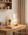 Japanese minimalist wood and metal table lamp styled on a desk
