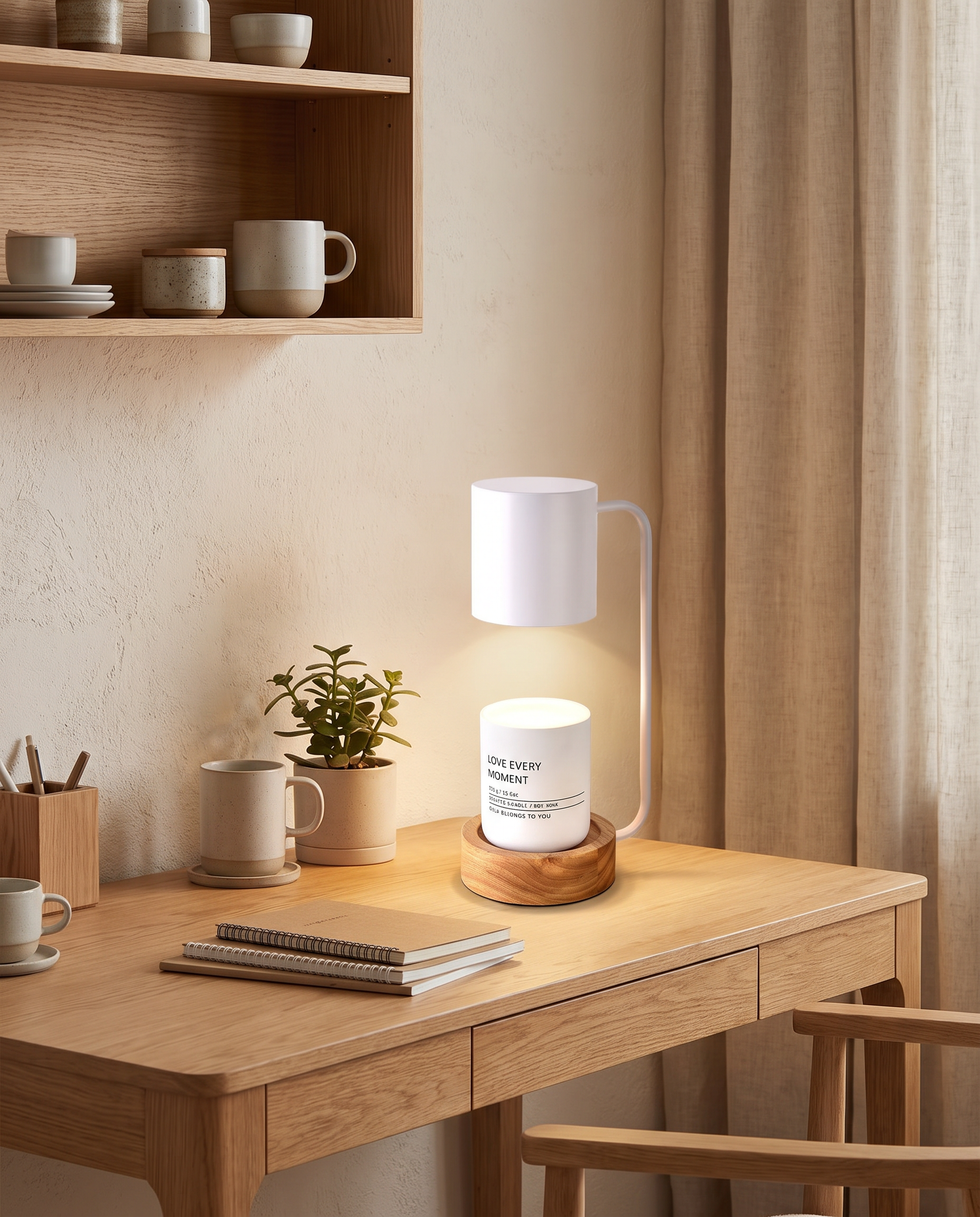 Japanese minimalist wood and metal table lamp styled on a desk