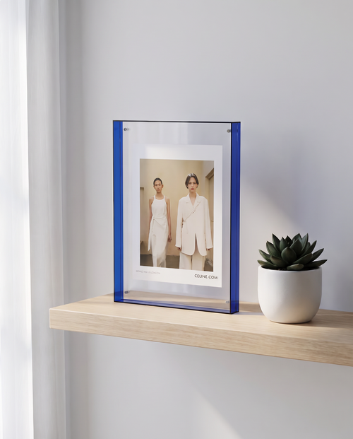 Acrylic photo frame styled on a minimalist shelf