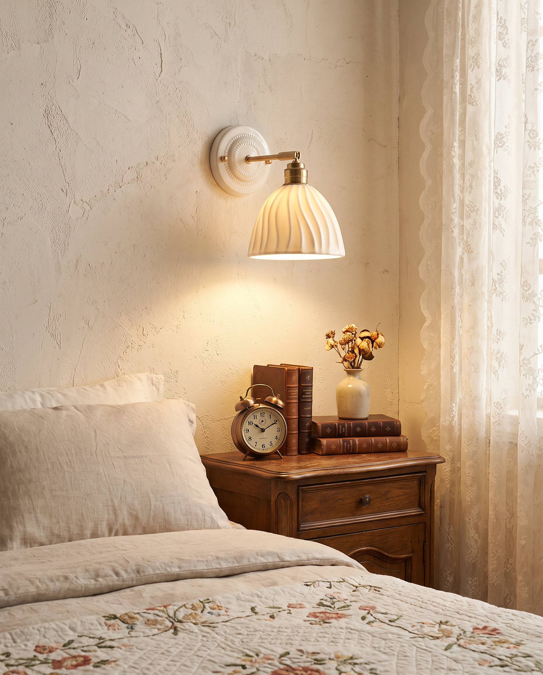 Nordic cream ceramic wall lamp styled in a vintage-inspired bedroom