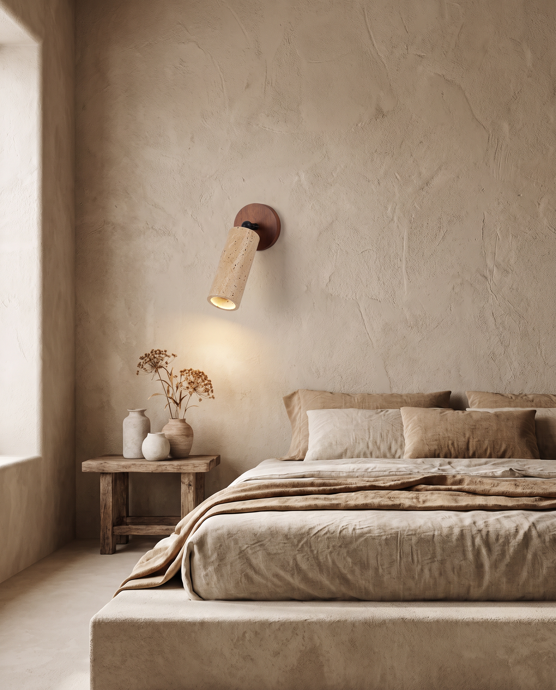 Huangdong wabi-sabi travertine wall lamp styled in a minimalist bedroom