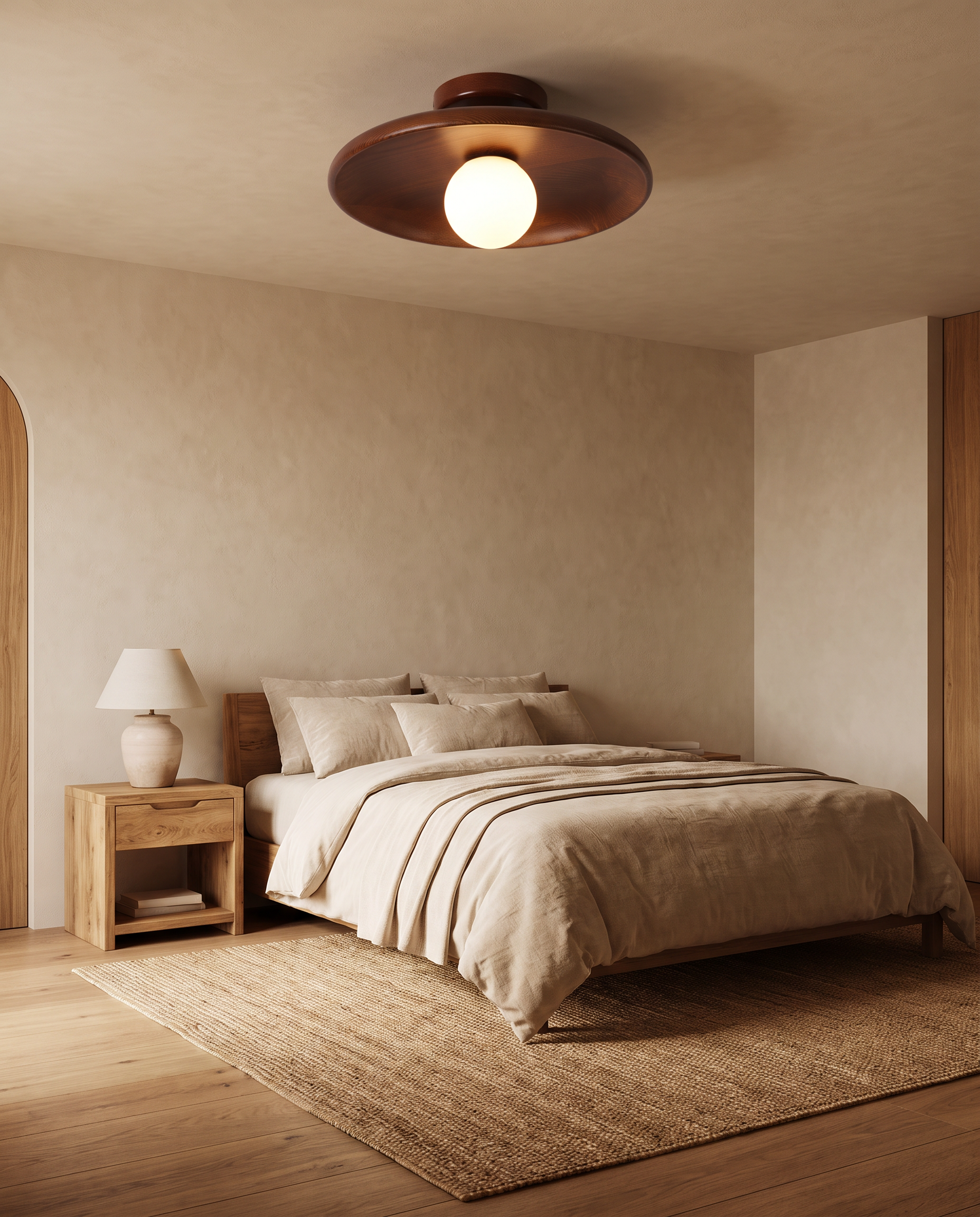 Modern wooden ceiling light styled in a warm minimalist bedroom