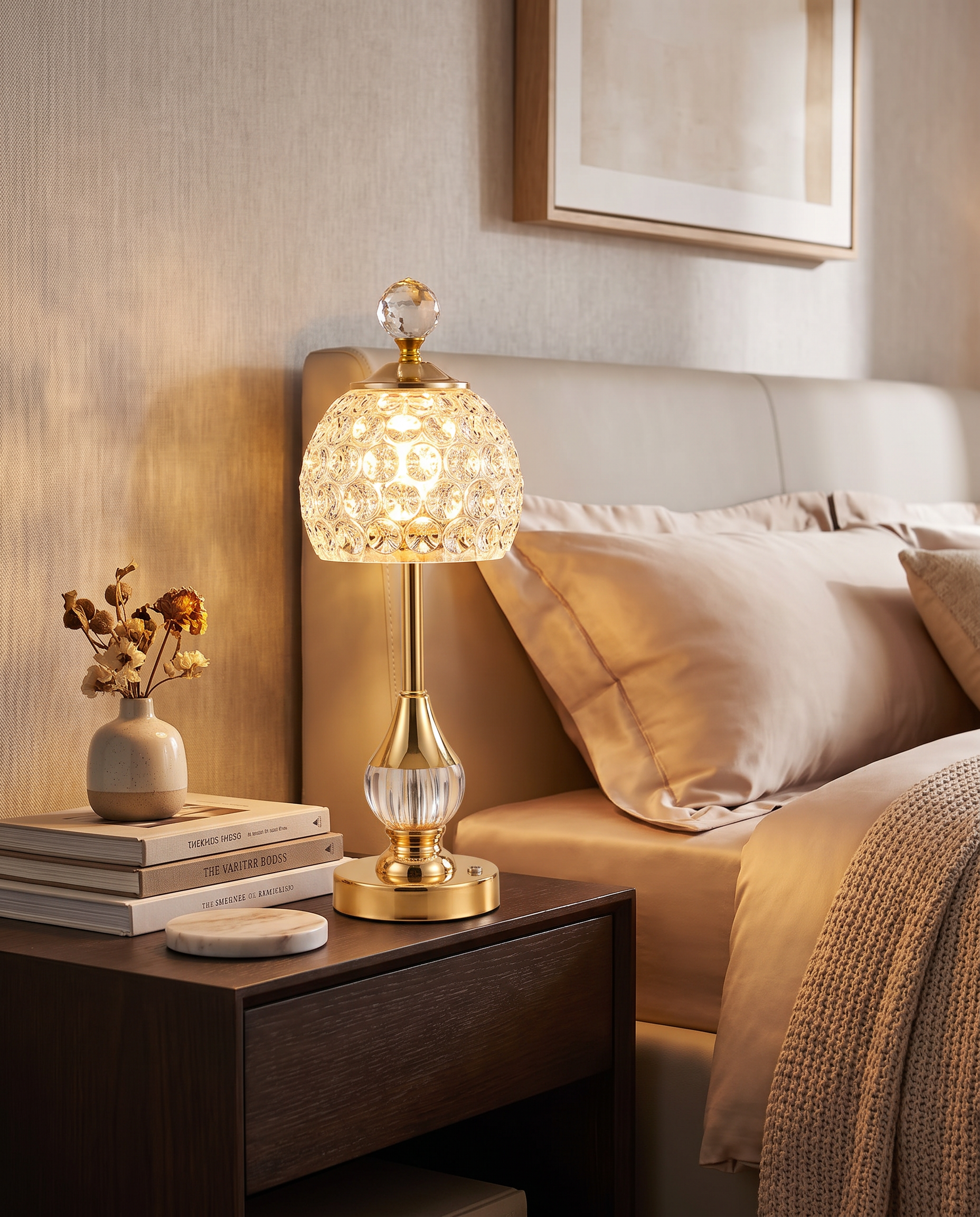 Crystal touch table lamp styled on a bedside nightstand