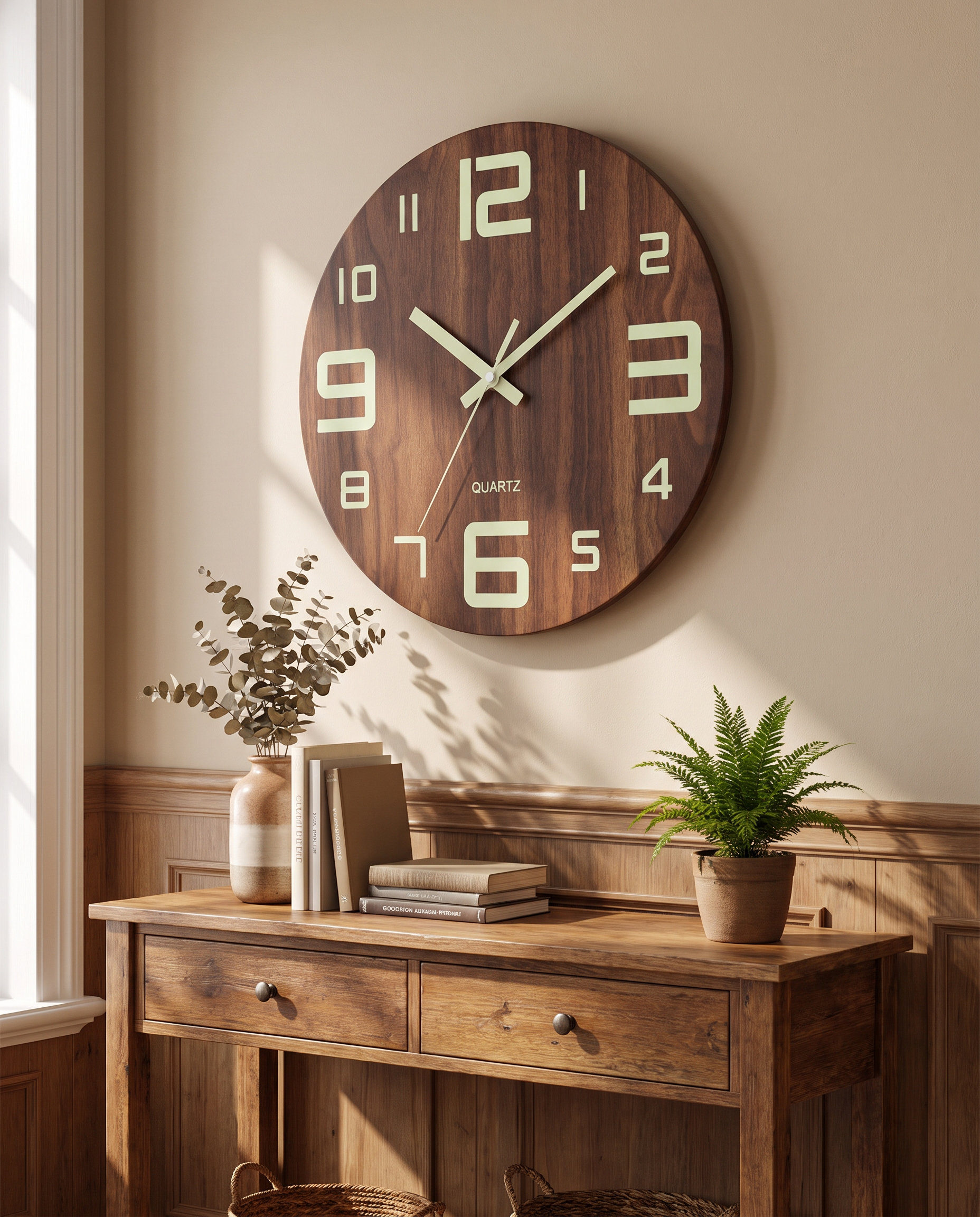 Walnut luminous wall clock styled above a console table