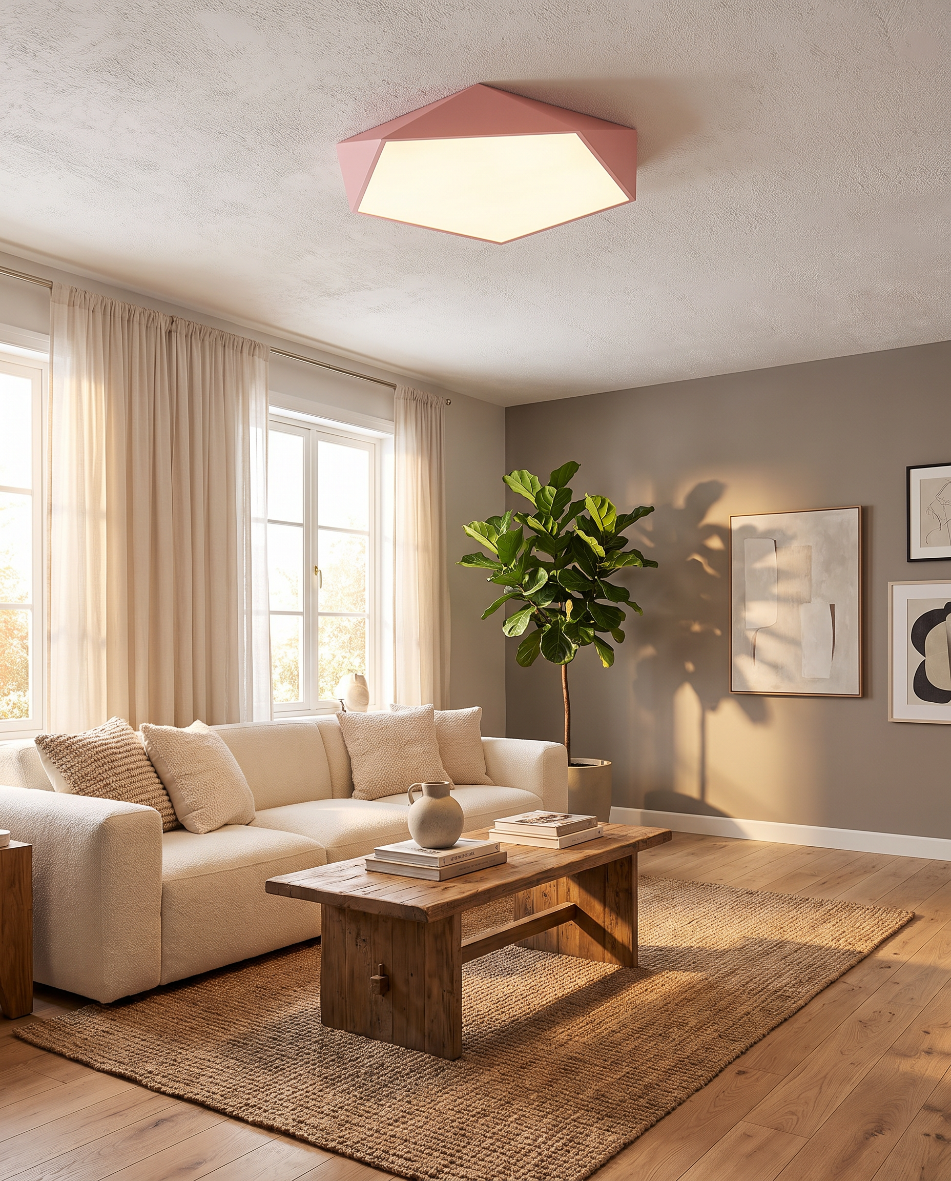 Skydor geometric LED ceiling light styled in a modern living room
