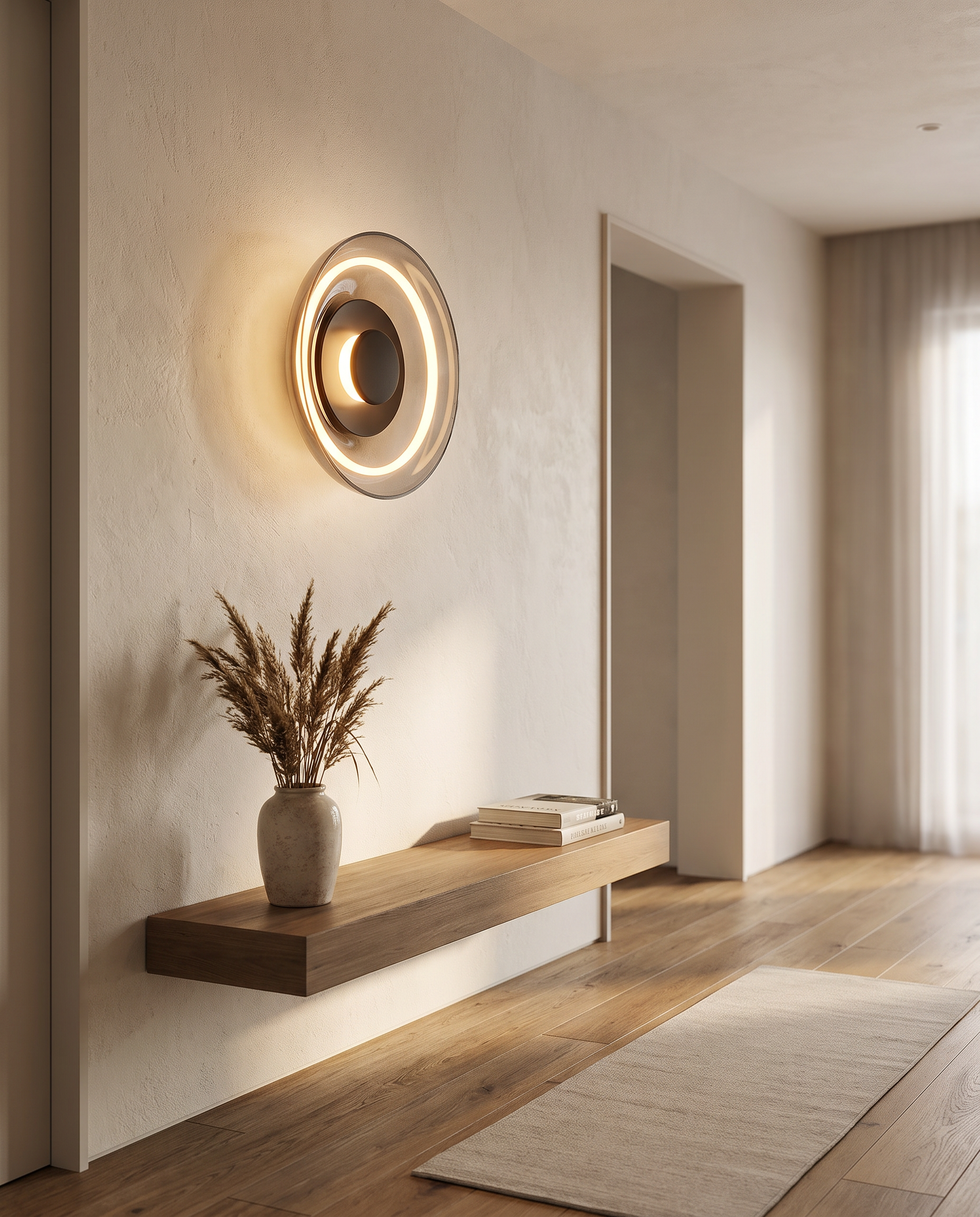 Nordic glass LED wall sconce styled in a modern hallway