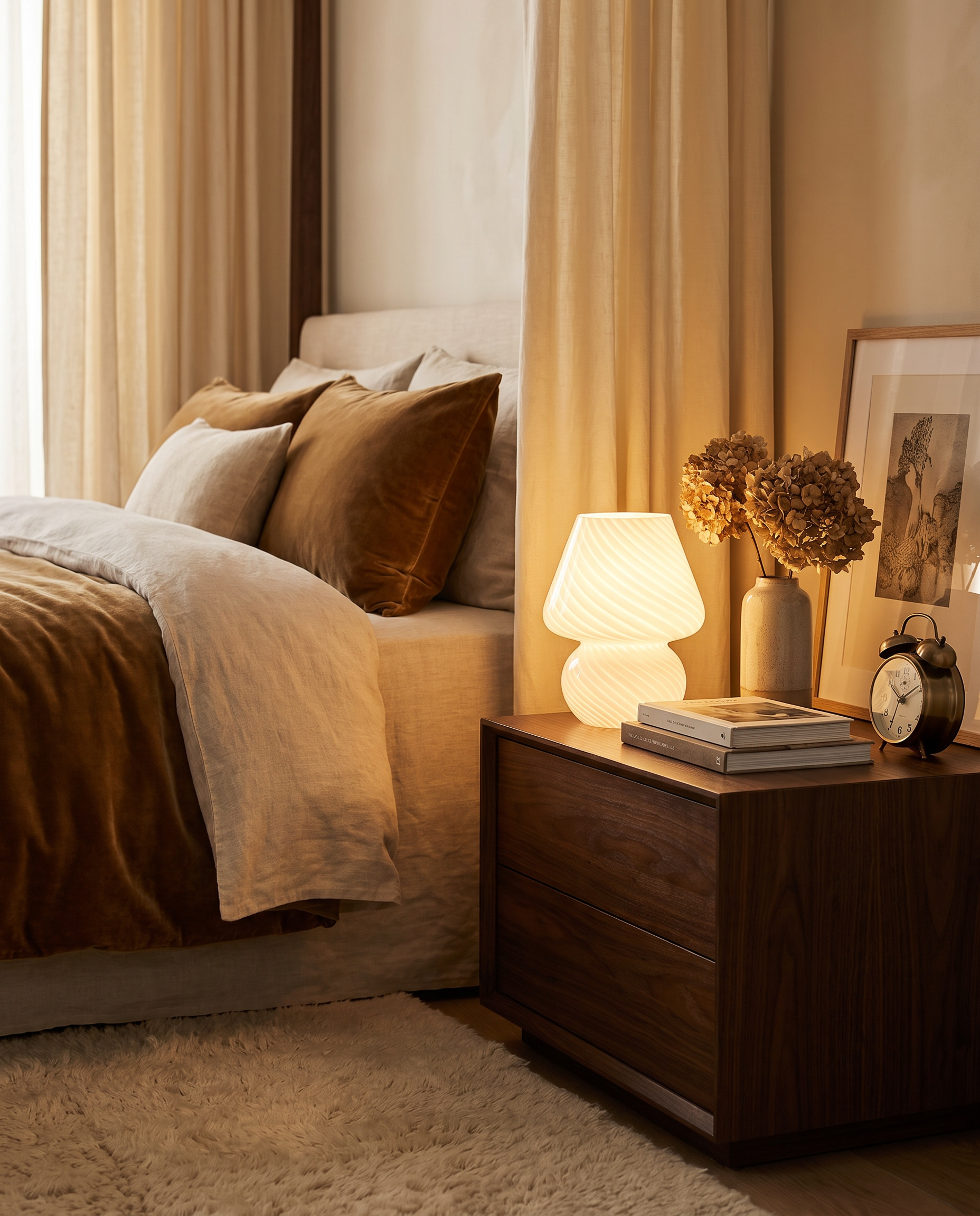 Murano-style glass mushroom lamp styled on a nightstand