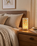 Modern wooden USB table lamp styled on a bedside nightstand