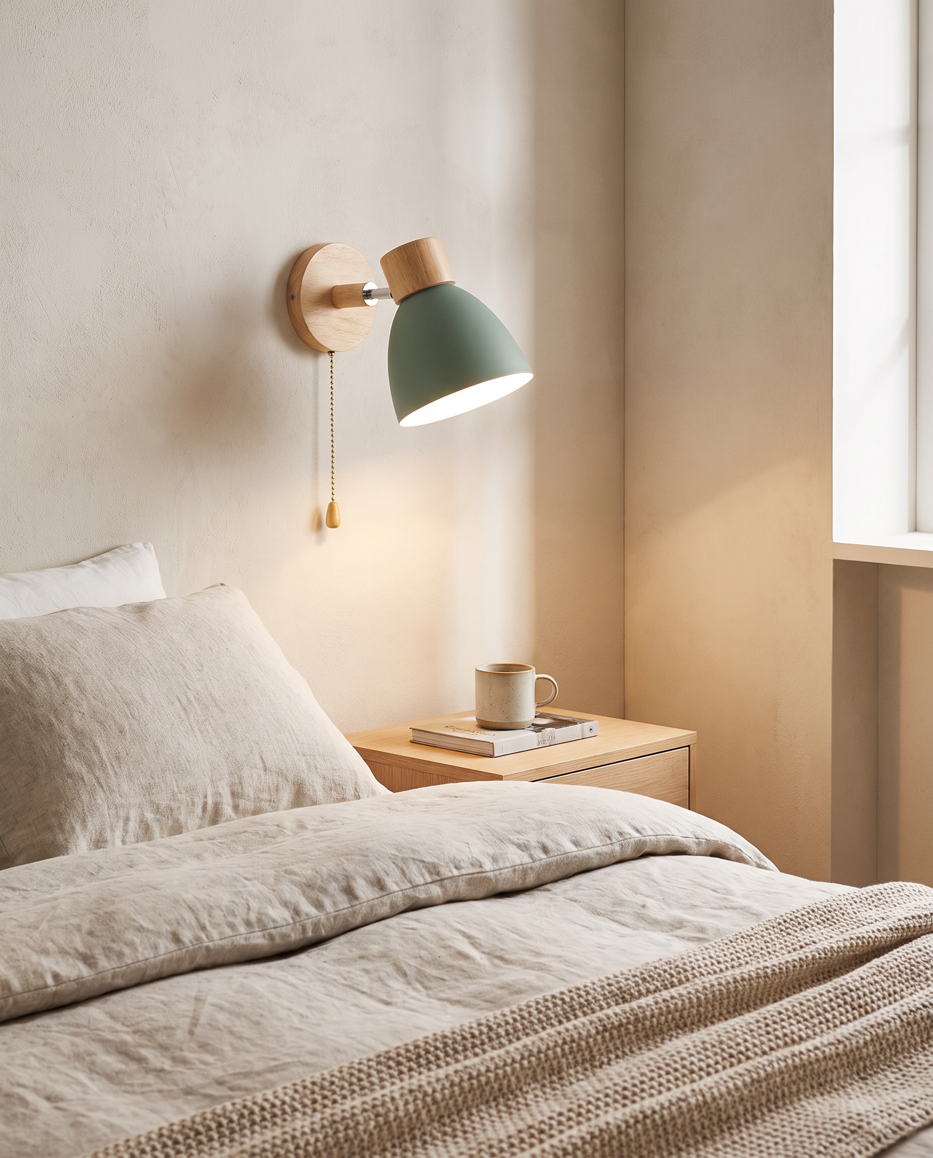 Wood and iron macaron wall sconce styled in a minimalist bedroom