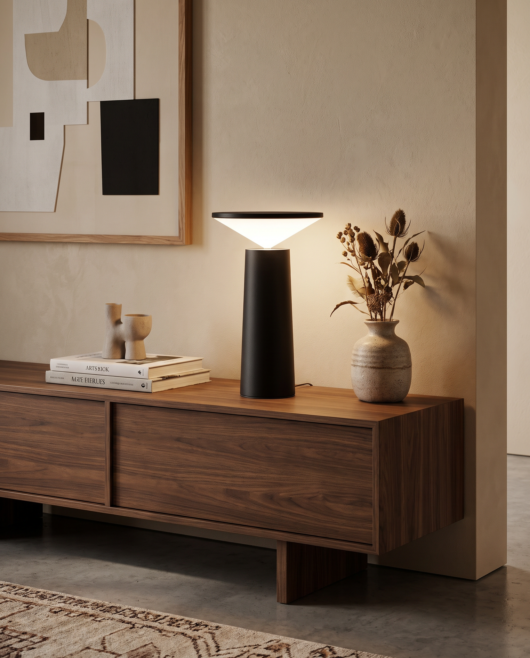 Aurora Libra designer table lamp styled on a console table