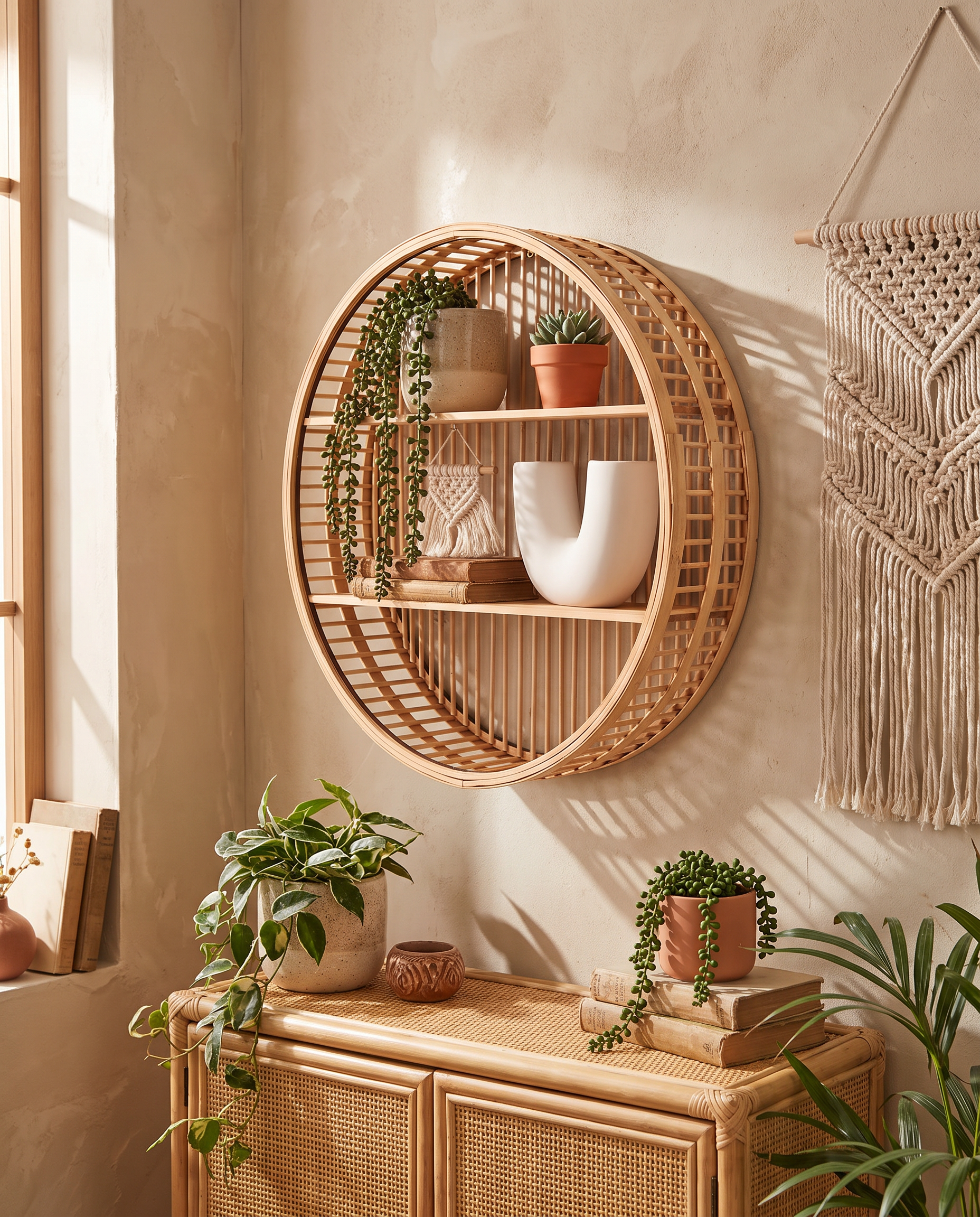 Round bamboo wall shelf styled in a boho room