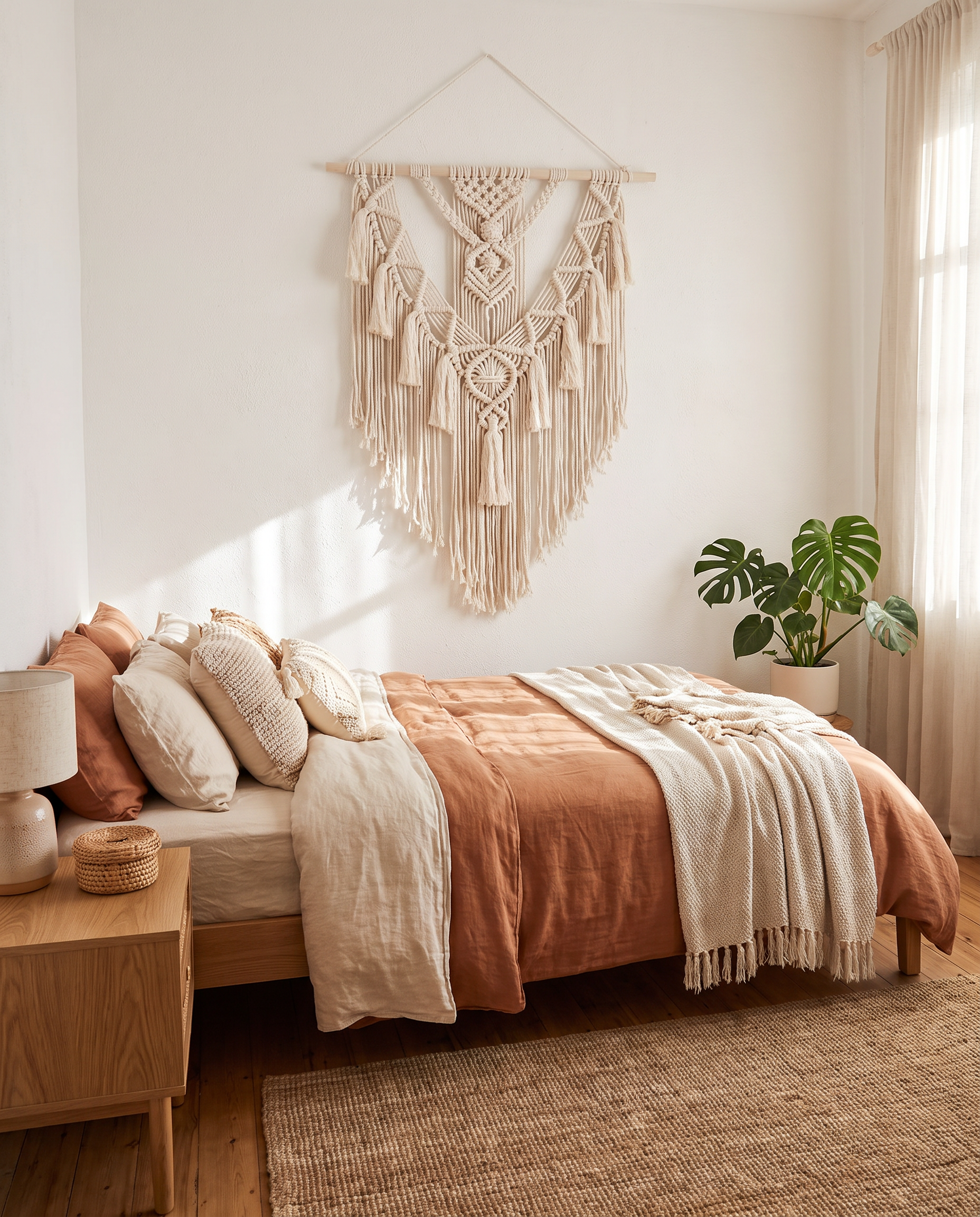 Bohemian macrame wall hanging styled above a bed