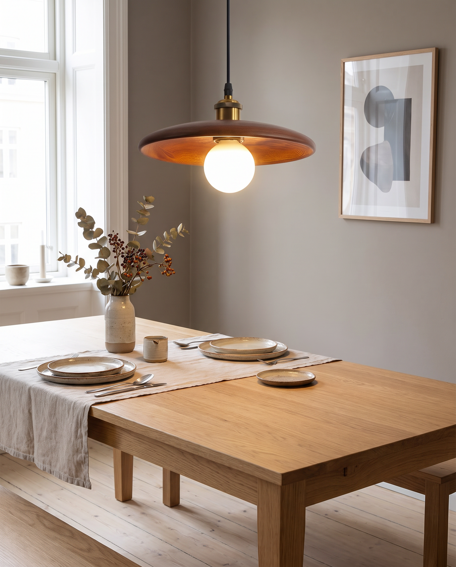 Nordic solid wood pendant light styled above a dining table