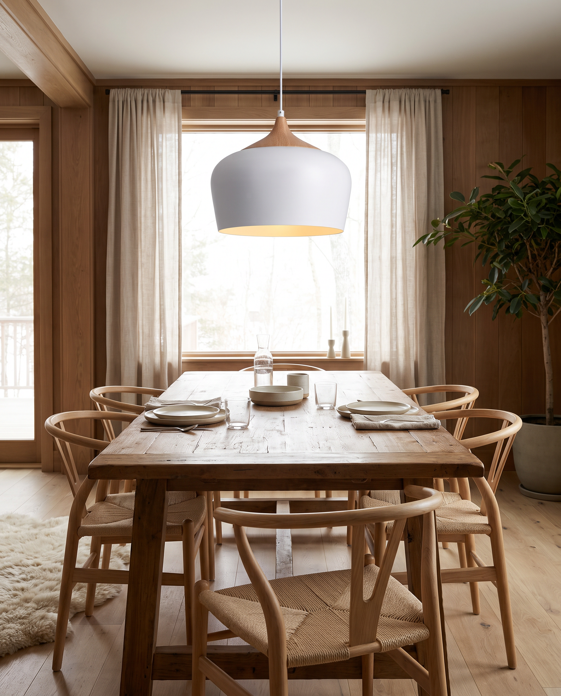 Iron and wood grain Scandinavian pendant light styled above a dining table