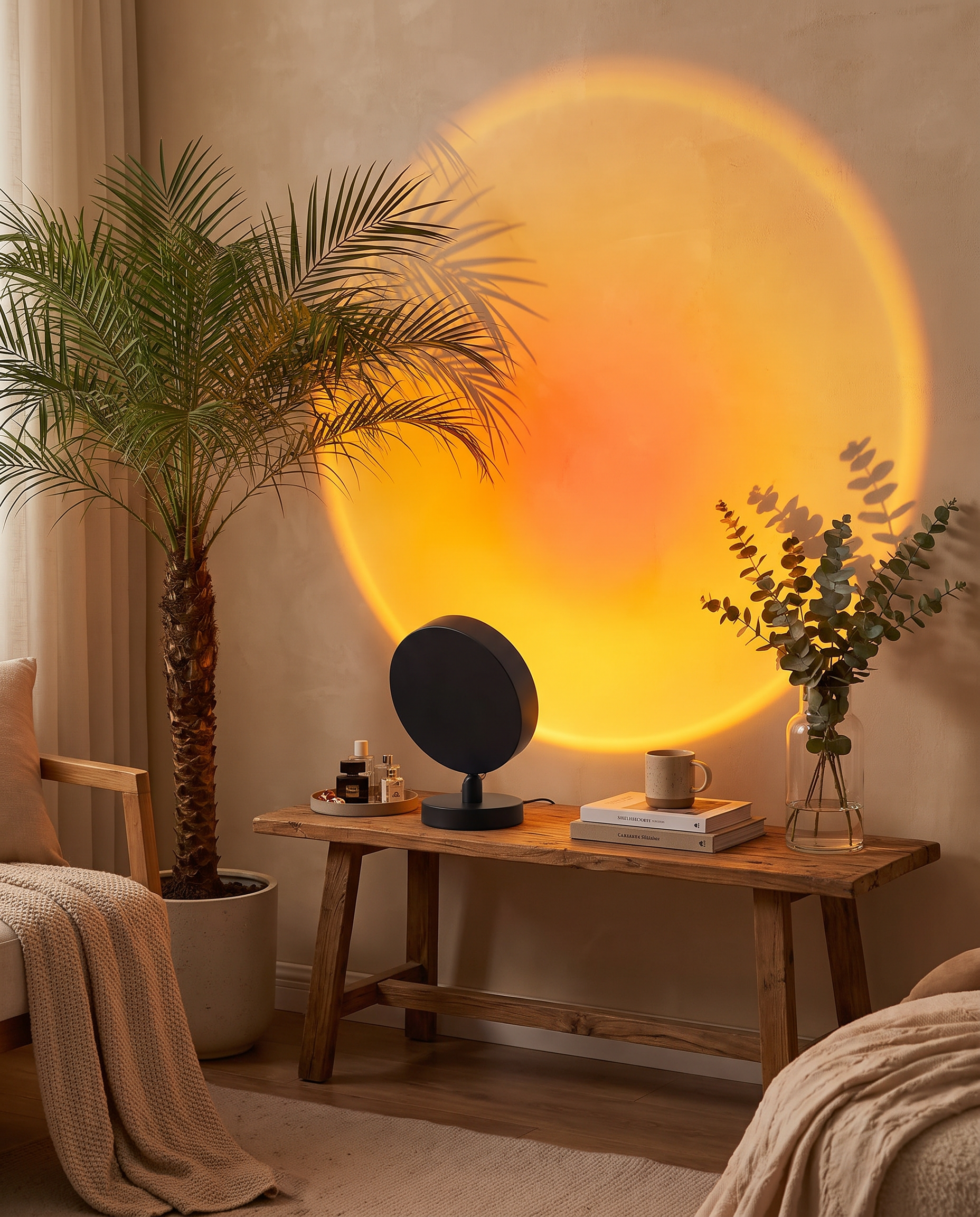 Sunset projection lamp styled on a living room console table