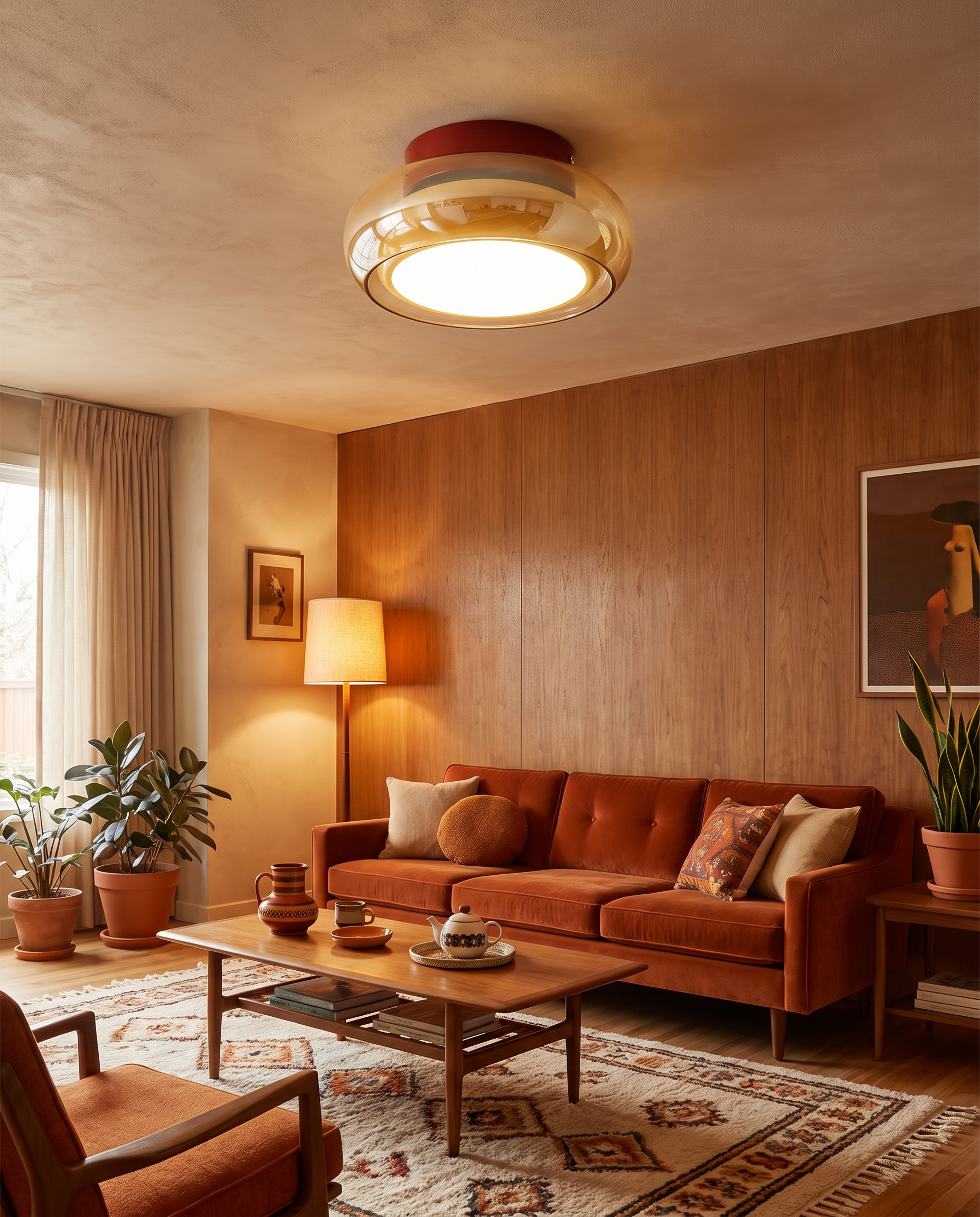 June retro glass flush mount ceiling light styled in a vintage-modern living room