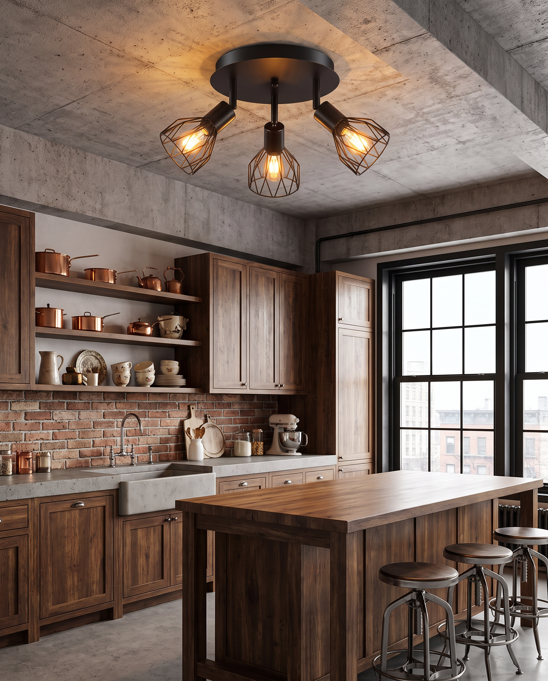 Industrial adjustable black spotlight ceiling light styled in an industrial kitchen