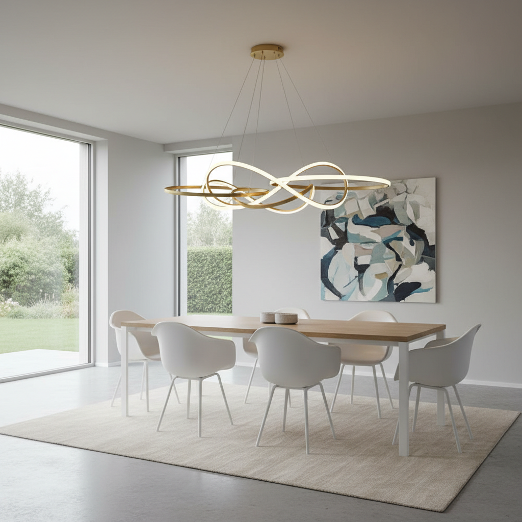 Zenith Glow modern LED chandelier styled above a minimalist dining table
