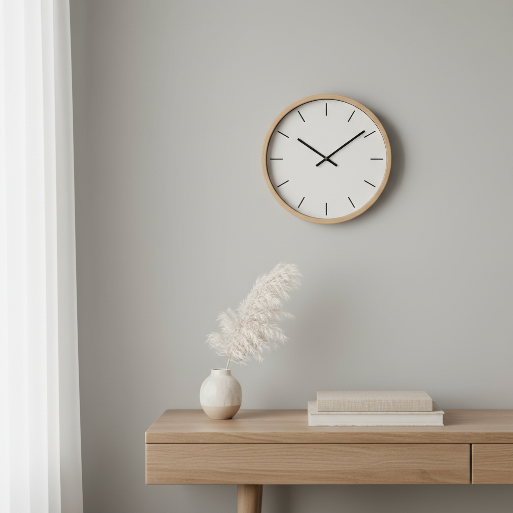 Nordic wall clock minimalist wood frame styled above a console table