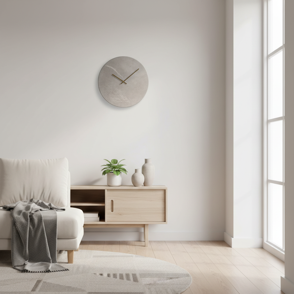 TempoStone modern simple wall clock styled in a minimalist Scandinavian living room