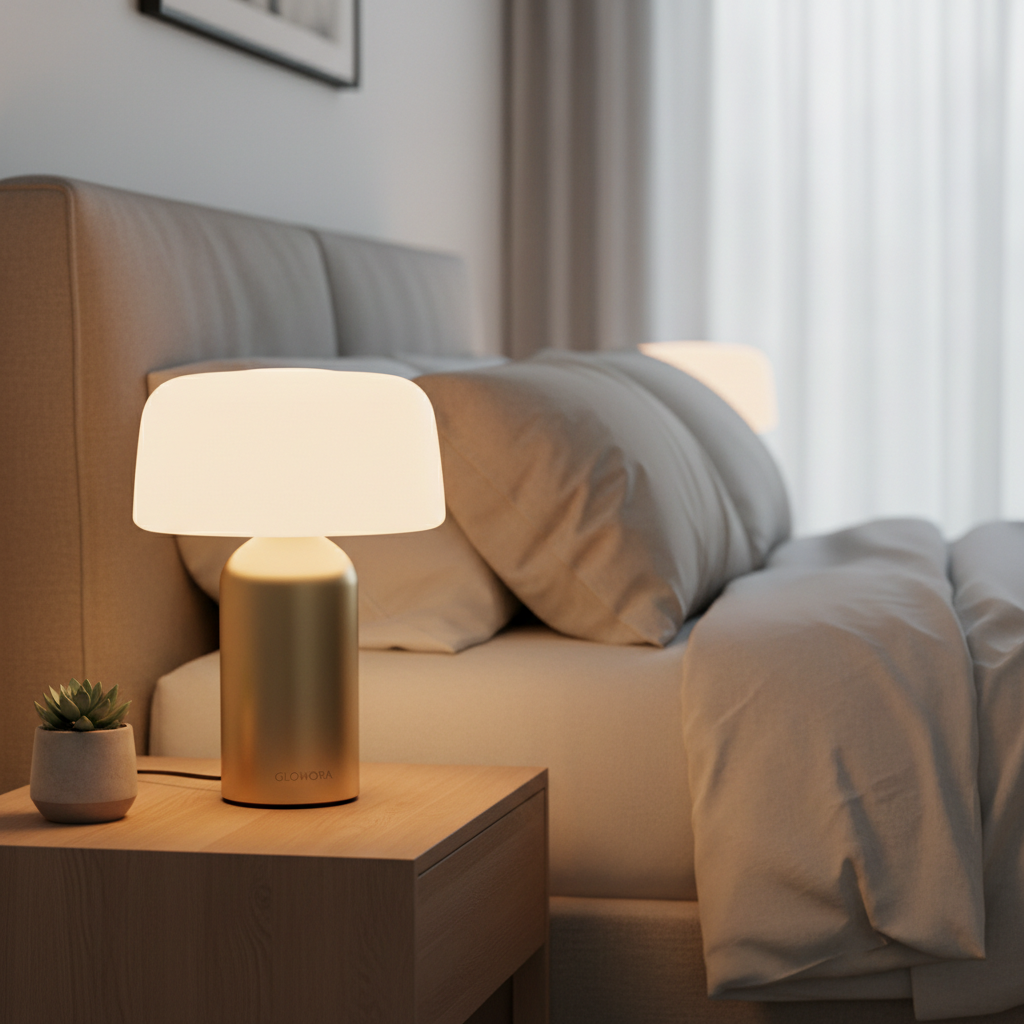 Glowora LED table lamp styled on a minimalist bedroom nightstand