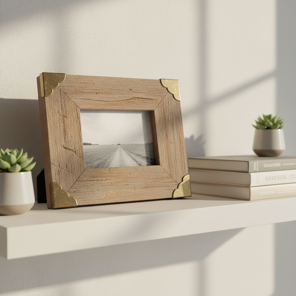 Brooks tabletop photo frame styled on a minimalist shelf