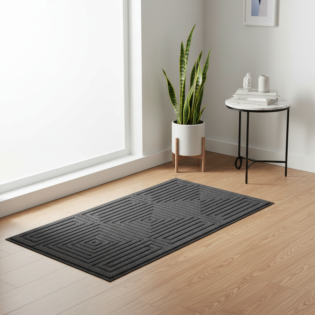 Durable non-slip door mat styled at a bright minimalist entryway