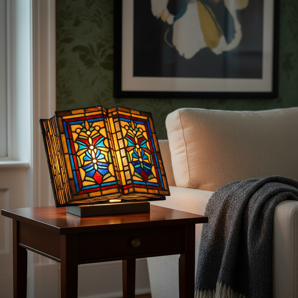 Stained Glass Book Lamp styled beside a reading armchair