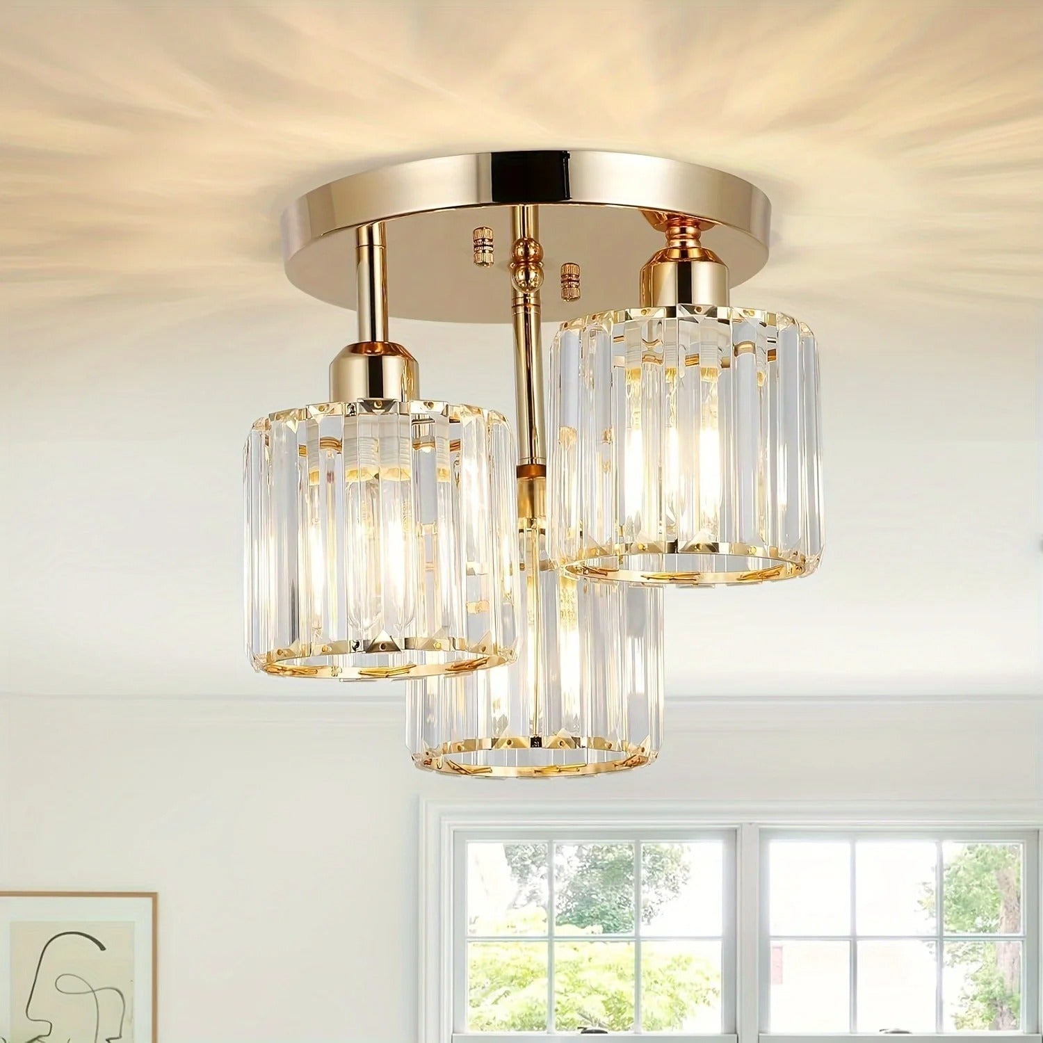 Plafonnier Moderne Doré de Luxe en Cristal | Semi-Encastré à 3 Lumières